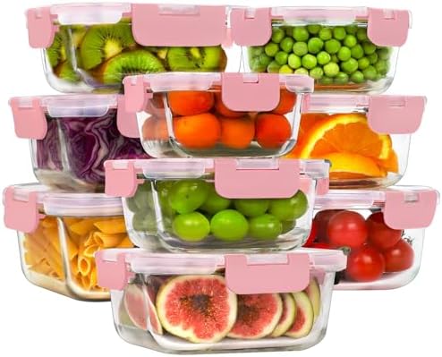 18 Piece Glass Food Storage Containers with Snap Locking Lids for Meal Prep