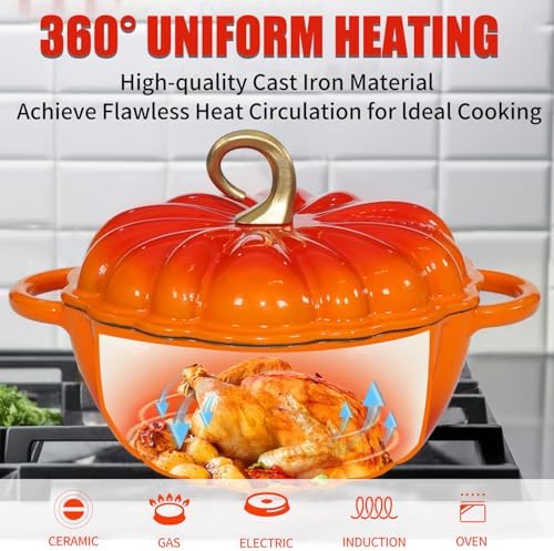 Pumpkin Enameled Cast Iron Dutch Oven with Lid, 4.5 QT Heavy Duty and Dual Handles Pot, Serves 3-5 and Oven Safe for Bread Baking, Braising, Cooking Soup and Family Gifts, Orange