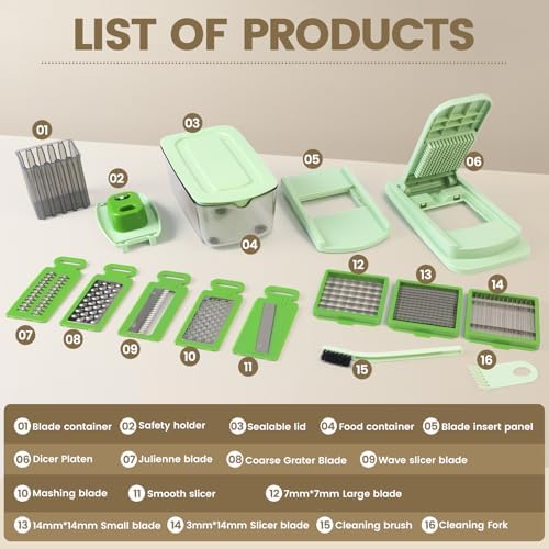 Vegetable Chopper, 16-in-1 Mandoline Slicer Dicer Grater Spiralizer with Container, 8 Stainless Steel Blades for Onion Salad Salsa Meal Prep