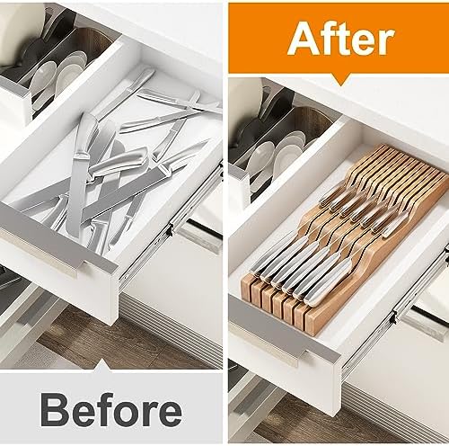 In-Drawer Knife Block Organizer - Bamboo Wood Drawer Knife Organizer-Protecting Knife Organizer Block (Not Included) (Natural, 13 Knives Dock)