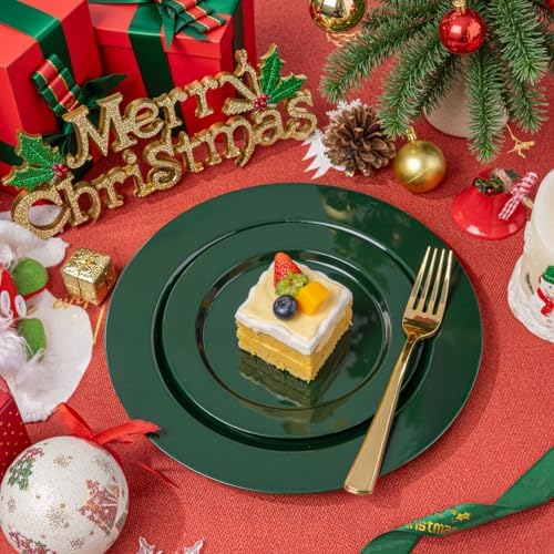 FLOWERCAT 200PCS Dark Green Plastic Plates Disposable Plates for Party - Heavy Duty Plastic Plates - 10" &7" Plate for 100 Guests New Year Parties and Events