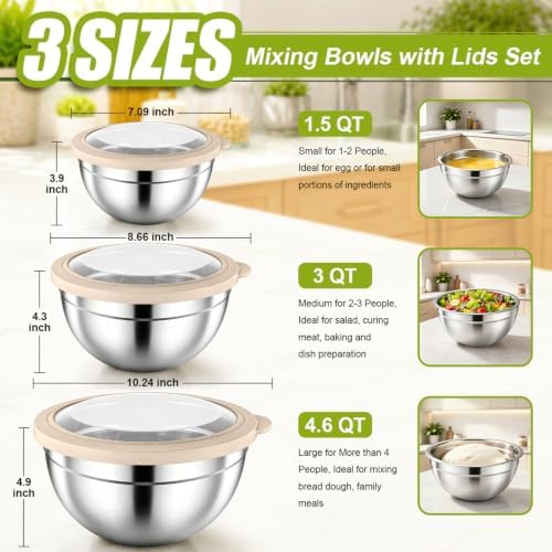 P&P CHEF Stainless Steel Mixing Bowls with Visible Airtight Lids, Khaki