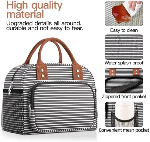 Lunch Bag for Women, Insulated Lunch Box for Women Men Work Adult, Cute Lunch Tote Large Capacity Reusable Cooler Containers for Picnic Travel Office or Beach (Black and White Stripes)