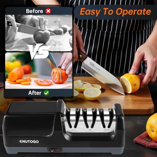 Enutogo Knife Sharpener, Professional 3-Stage Electric Knife Sharpener for Kitchen Knives, 100% Diamond Abrasive for 20° Precision Angle Guide, Quickly Sharpening and Polish Blades