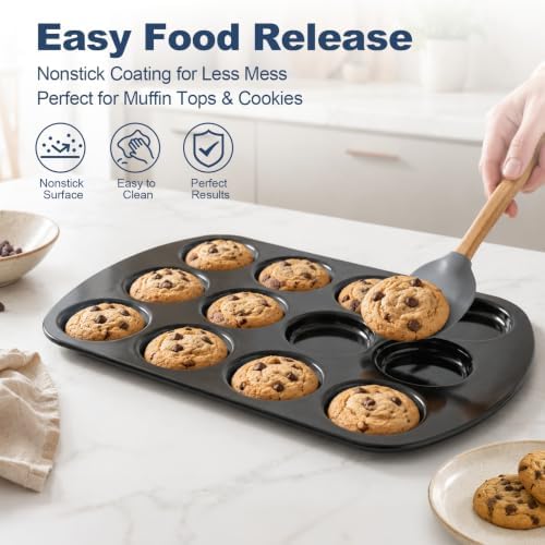 UWILLION Muffin Top Pan, 12 Cavity Nonstick Shallow Cupcake Pan, 3 Inch Carbon Steel Baking Tray, Oven Safe up to 450°F, for Muffin Tops, Eggs, Cornbread, Cookies, Whoopie Pies