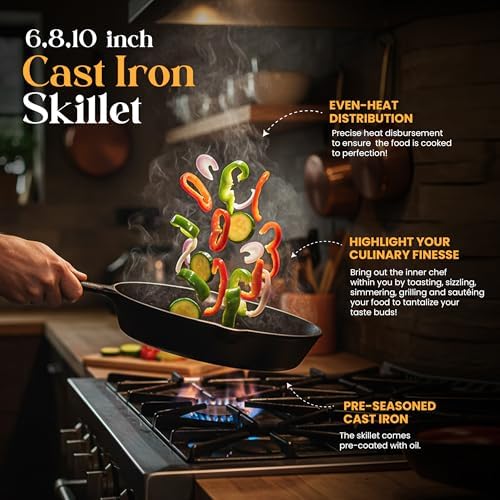 Utopia Kitchen Cast Iron Skillet Set 3 Piece 6 8 10 Inch PFAS-Free Black
