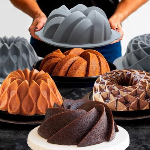 Tongjude 4 Pieces Silicone Fluted Cake Pans, 6/7/8 Cups Tube Baking Pan, Non-Stick Kitchen Oven Baking Pans, Silicone Molds for Homemade Cake, Bread and Jello, Grey