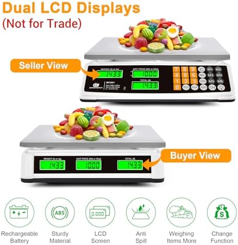 Price Computing Scale 88lb/40kg Commercial Food Scale for Produce Meat Weighing, LCD Display and Green Bright Backlight for Farmers Markets, Meat Shop, Deli, （Not for Trade）