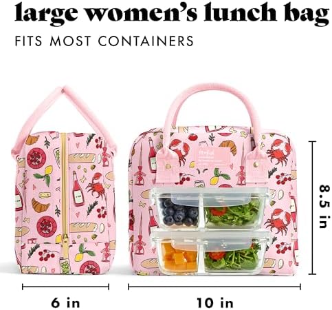 Fit & Fresh Bloomington Lunch Bag for Women - Insulated Large Lunch Box for Work with Containers, Leak-Resistant, Stain-Resistant, Zipper Closure, Pink Pasta Dinner