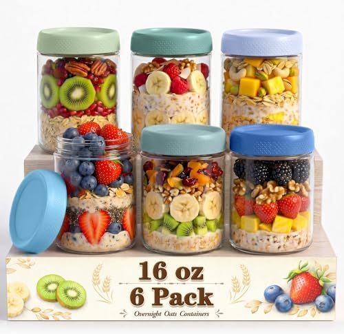 Overnight Oats Containers with Lid, Wide Mouth Glass Jars with Airtight Lid