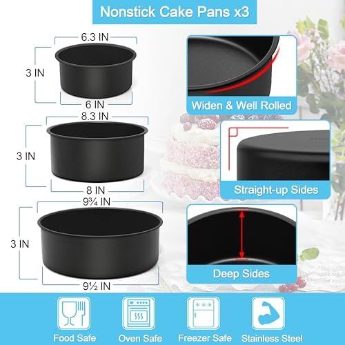 E-far Deep Cake Pan Set of 3 (6/8/9½ Inch), Nonstick Stainless Steel Round Cake Pans Tins for Baking Layer Wedding Cakes, Stainless Steel Core & Nontoxic Coating, Deep & Straight Side