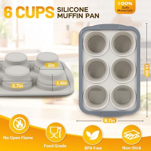 Silicone Muffin Pan, 6 Cups Non-Stick Cupcake Pan, Food-Grade BPA-Free Muffin Tin, Oven-Safe 450 °F, Reinforced Steel Frame, Easy-Grab Handles, Quick-Release 2.7" Baking Molds for Mini Treats