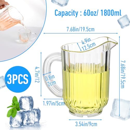 3 Pack (60 oz) Plastic Pitcher Unbreakable Jug,Restaurant-Grade Polycarbonate Beverage Dispenser with Pour Spout, Beer Jar Clear Carafe, Dishwasher
