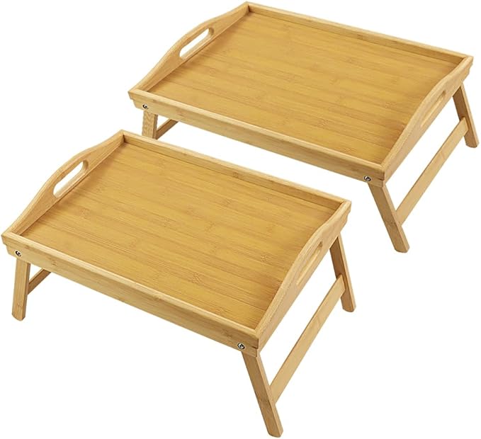 Bamboo Bed Tray Table with Folding Legs Set of 2 Foldable Breakfast Tray Portable Serving Table Laptop Snack Drawing Breakfast Trays for Bed (Set of 2)