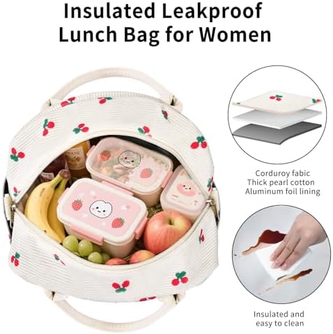 Lunch Bag Women Lunch Box for Women Adult Cute Insulated Lunch Bag Lager Cooler Lunch Tote Bags for Work Picnic (Beige-Cherry)