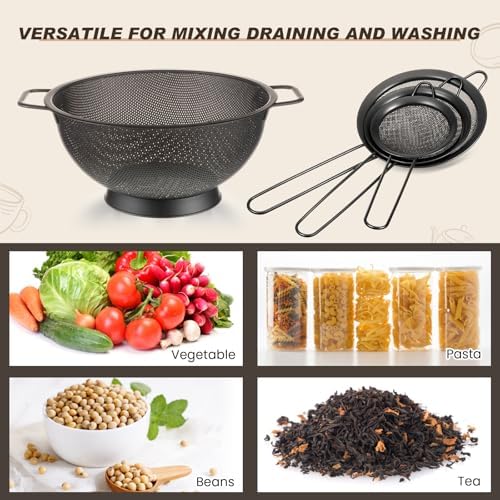 Norme 4 Quart Black Colander and 3 Metal Fine Mesh Strainer Set