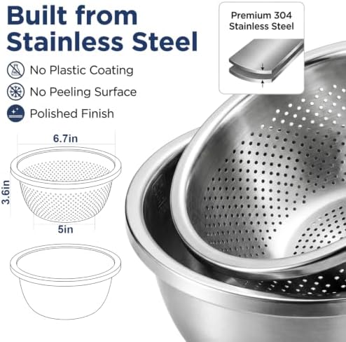 Palksky 2QT Stainless Steel Colander and Mixing Bowl Set