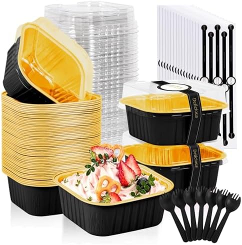 50 Pack Mini Cake Pans With Lids And Spoons,5oz Square Aluminum Foil Brownie Baking Cups,Small Cake Tins,Individual Cake Pans With Lids for Wedding Birthday Party (Black)
