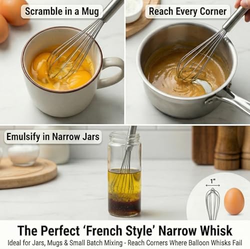 11-Inch Slim French Whisk, Small Whisk, 18/8 Stainless Steel, Long Handle