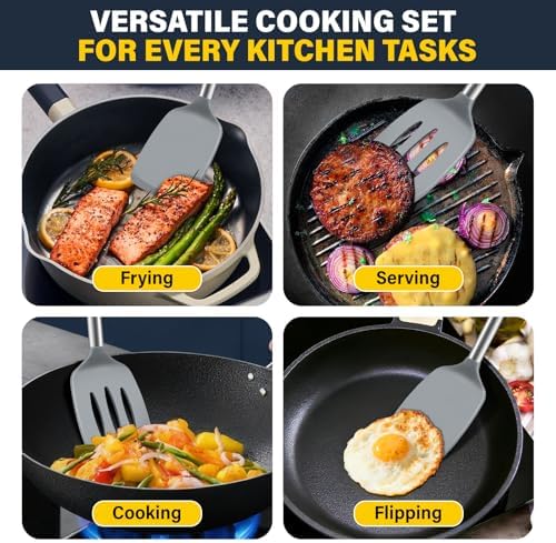 2 Pack Silicone Spatula Set, Solid & Slotted Turner for Non-Stick Pans, High Heat Resistant Silicone Spatula for Cooking, BPA-Free Stainless Steel Cooking Utensils for Fish, Eggs, Pancakes, Gray