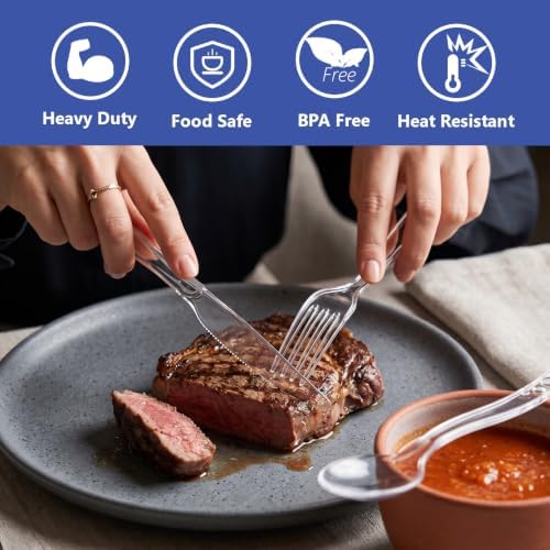 SACATR 200 Count Clear Plastic Silverware Heavy Duty -100 Forks, 100 Spoons