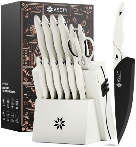 ASETY Kitchen Knife Set with Block 15 PCS, Dishwasher Safe Kitchen Knives