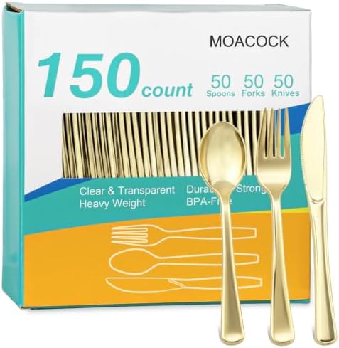 MOACOCK 150 Pcs Light Gold Heavy Duty Plastic Silverware