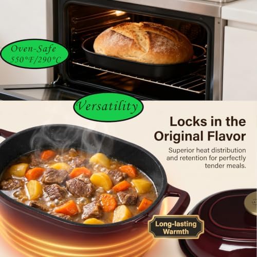 La Cuisine Enameled Cast Iron Bread Loaf Dutch Oven Oblong for Sourdough Crusty Bread & High‑Heat Baking. Oven-Safe 550°F/287°C Matte Black Enamel Interior, 5.5 QT, Cranberry