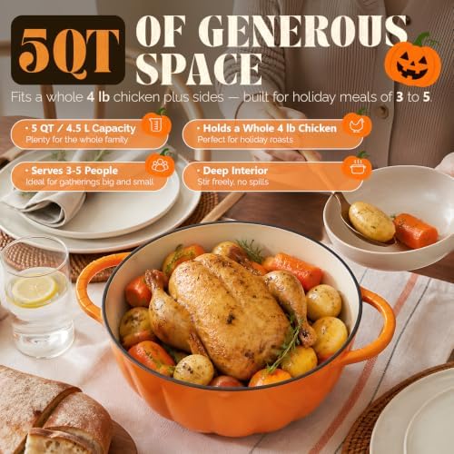 ROVSUN Pumpkin Dutch Oven Pot with Lid – Enameled Cast Iron Pumpkin Shaped Pot with Gold Stem Knob, Matching Halloween Trivet & Oven Mitts, Fall Cookware for Soup, Stew & Braising, Orange, 5QT