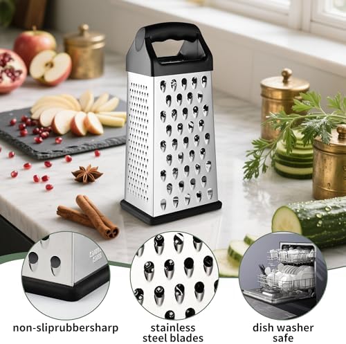 Kaishun 9IN Cheese Grater, 4-Sided Box Grater for Cheese, Vegetable & Fruit
