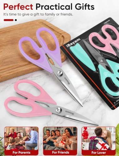 iBayam 8.7" Cute Kitchen Scissors All Purpose, Pastel Pink Purple Teal