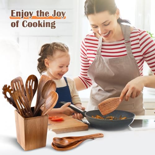 Wooden Spoons for Cooking, 11 Pcs Wood Cooking Utensils Set with Holder, Natural Acacia Wooden Kitchen Tools, Nonstick Cookware, Easy Clean, Kitchen Utensil Set for Mom, Wife Cooking Gifts