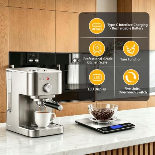 Food Scales for Kitchen, 33lb Kitchen Scales Digital Weight Grams and Ounces, Stainless Steel Food Weight Scale Rechargeable for Baking Cooking, Batteries and Type-C Charging with LCD Display