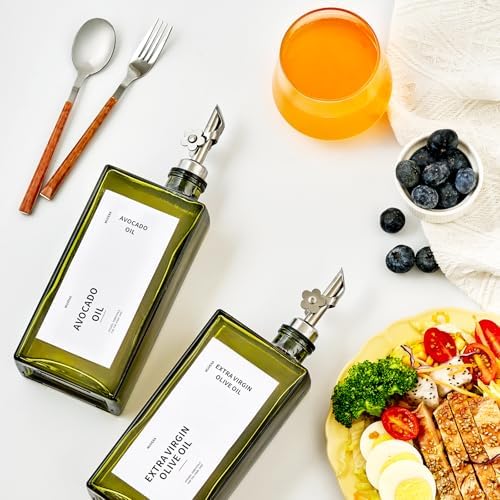 Olive Oil Dispenser Bottle for Kitchen, 16.9oz /500ml Cooking Vinegar Dispenser Bottle Set, Glass Sauce Container, Labels, Brush, Funnel, Stoppers, Green for Oil, Wine