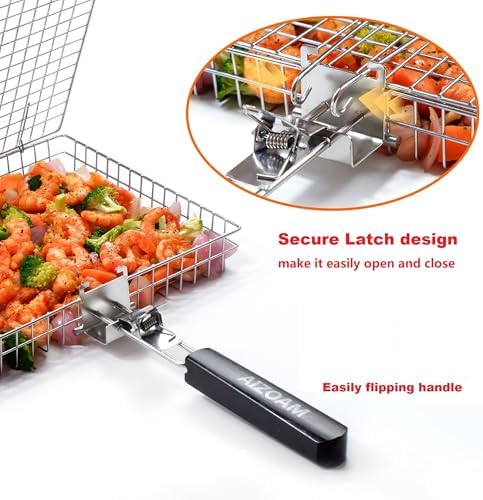 Grill Basket - Grill Baskets for Outdoor Grill, Stainless Steel Large Grilling Basket w Removable Handle, Portable Fish Grilling Rack for Grill Ideal Meat Fish Vegetables Grilling Accessories