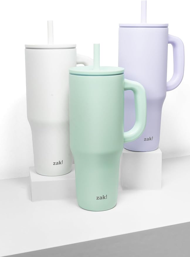 Zak Designs Sutton Travel Tumbler for On the Go, 40oz Stainless Steel with Vacuum Insulation, Silicone Straw, and Carry Handle for Cold Drinks (Cream White)
