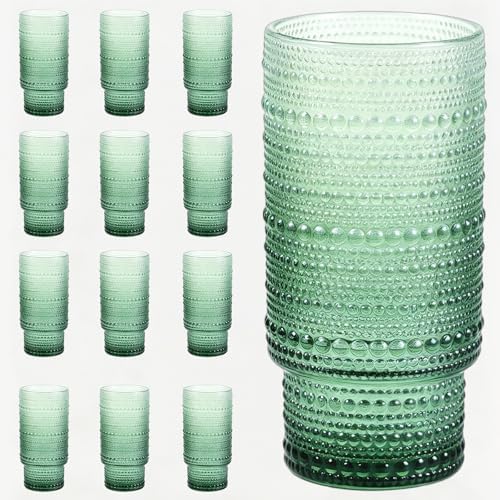 Large Capacity 16 oz Hobnail Drinking Glasses Set of 12, Vintage Glassware Drinking Glasses, Gradual Green Water Glasses Tumbler, Cups for Kitchen, Juice, Beer, Cocktail