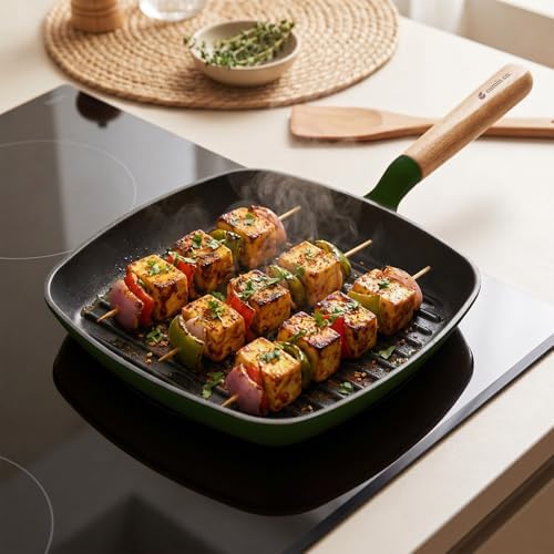 CUMIN CO. Enameled Cast Iron Grill Pan 10 Inch, 1.2 QT Grill Skillet – Non Toxic PFAS Free Cookware – 4 Layer Enamel Coating – Indoor Grill Pan for Steak, Chicken, Burgers & Vegetables (Green)
