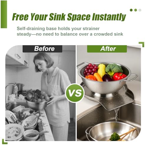 Palksky Colander and Strainer Self Drainer Base Plate Stainless Steel for Kitchen, Metal Countertop Draining Tray for Pasta Rice Noodle Fruit Veggie Food Strainer & Ceramic Colander