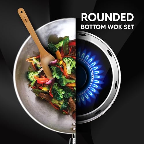 Helen's Asian Kitchen Carbon Steel 4-Piece Wok Set, 12-Inch Round Bottom Wok