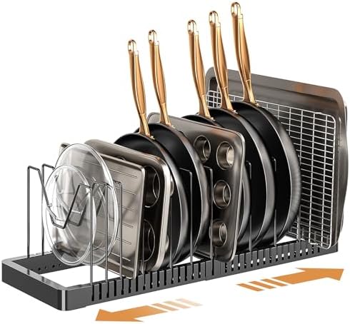 PanPanPal Pots and Pans Organizer under Cabinet, Expandable Pot Lid Organizer Holder with 12 Adjustable Compartment, Pan Organizers inside Cabinet for Lids, Bakeware, Kitchen Storage Pot Rack, Black
