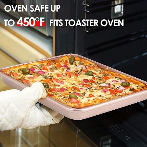11" x 9" Baking Pans, Cookie Sheets Set of 2, Nonstick Toaster Oven Pan Set for Baking, Heavy Duty Carbon Steel Non-toxic Oven Replacement Cookie Tray for Kitchen Bakery, Gold