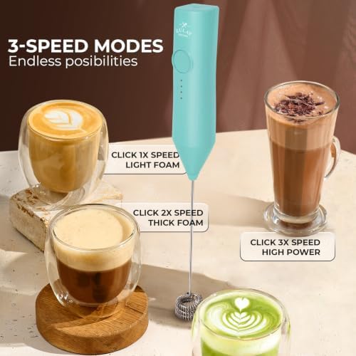 Zulay Kitchen Rechargeable Milk Frother Handheld - Frother Wand, Drink Mixer, Electric Whisk Frother, for Cappuccinos, Matcha & Protein Powder - Dynamic Triple Whisk, 3 Speed 500mAh Mint