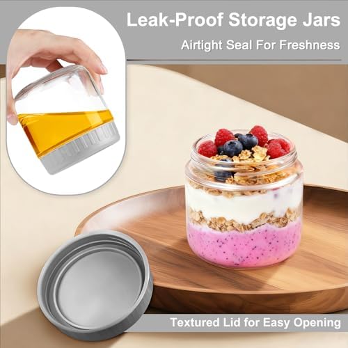 Overnight Oats Containers with Lids, 10oz Wide Mouth Mason Jars with Lids, 3 Pack Glass Jars with Airtight lid for Chia Pudding Yogurt Salad, Meal Prer Oatmeal Jars, Gray