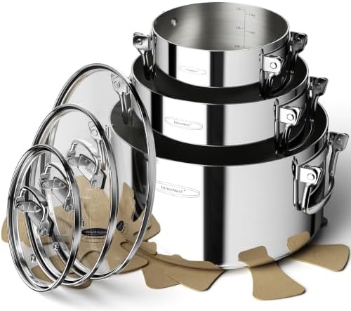 Stainless Steel Pot Set, 6-Piece Stackable Stock Pots with Glass Lids