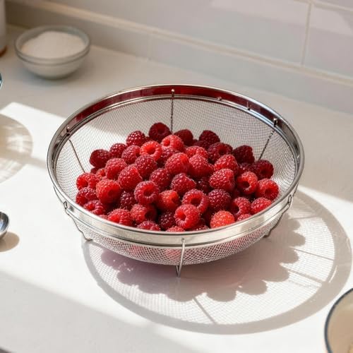 Fine Mesh Strainer for Kitchen, Stainless Steel Colander Bowl for Pasta, Rice, Fruit, Metal Net Baskets with Resting Base - Strain, Drain, Rinse (Diameter 12.2 inch)