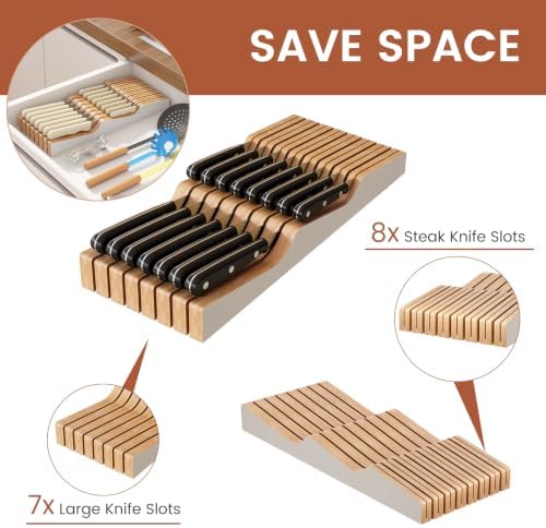 In-Drawer Knife Block Organizer - Bamboo Wood Drawer Knife Organizer-Protecting Knife Organizer Block (Not Included) (White, 15 Knives Dock)