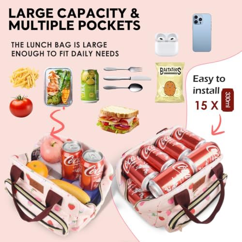 Insulated Lunch box for Women,Leakproof Quilted Thermal Lunch Bag, 14L Large Capacity Lunch Tote Bag Lightweight LunchBox Cooler for Work, School, Picnic or Travel with 2 Front Pocket-Strawberry