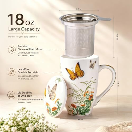 AmorArc Tea Cup With Infuser and Lid, 18oz Loose Leaf Tea Mug With Steeper