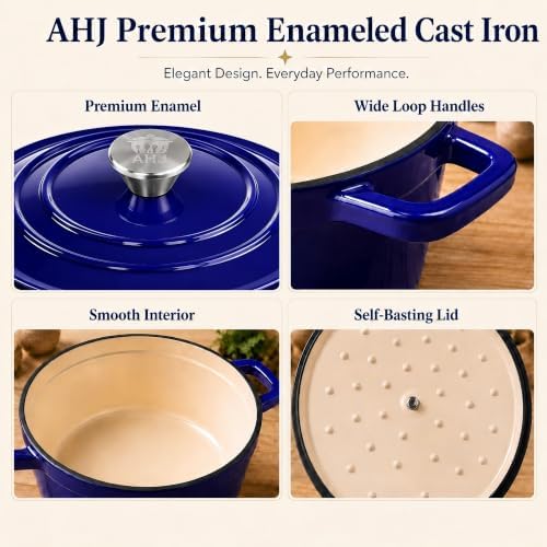 AHJ Cast Iron Dutch Oven Set - 4 Piece Nesting Enameled Cookware with Lid